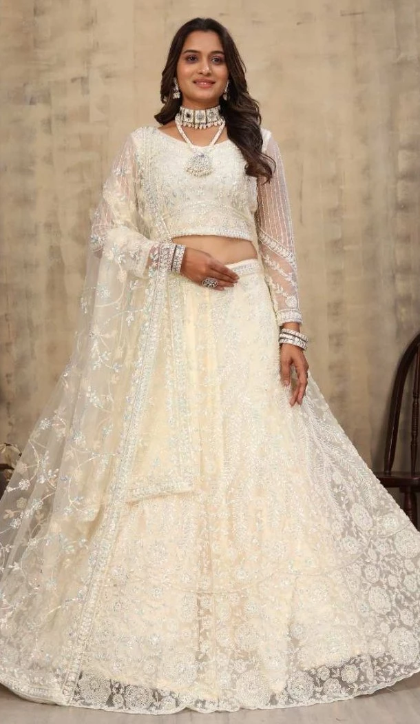 Net Party Lehenga Choli Cream Embroidery - 12243206641