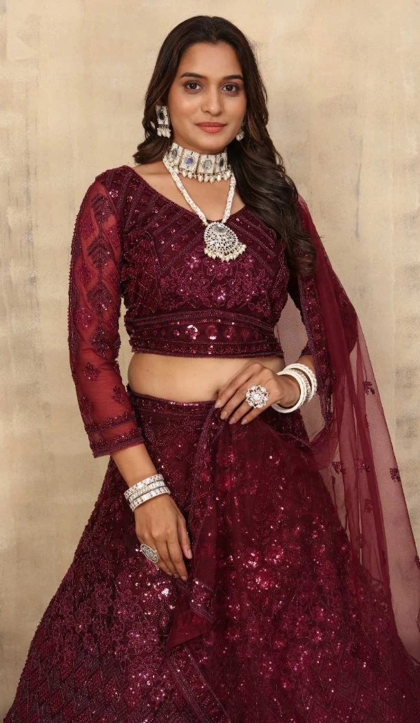 Net Embroidery Maroon Party Lehenga Choli - 12243206643