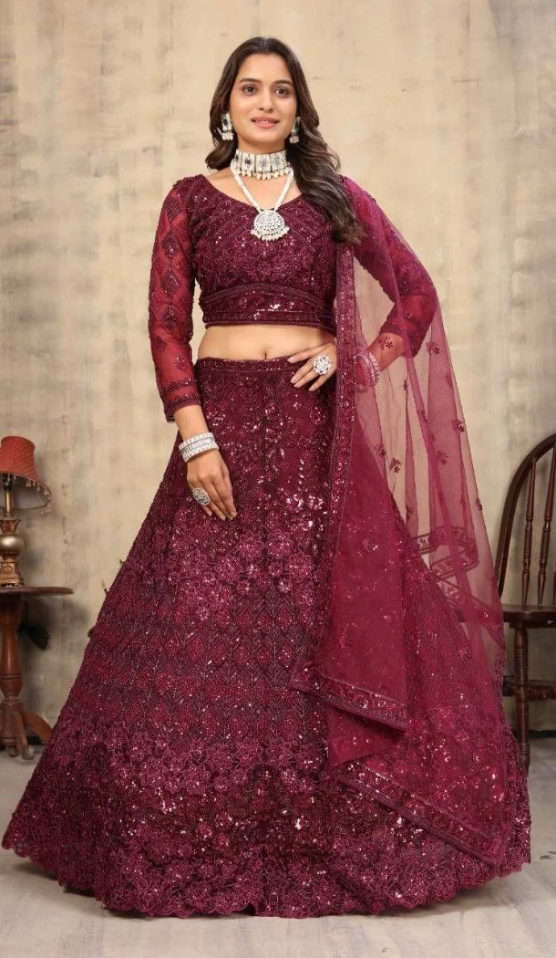 Net Embroidery Maroon Party Lehenga Choli - 12243206643