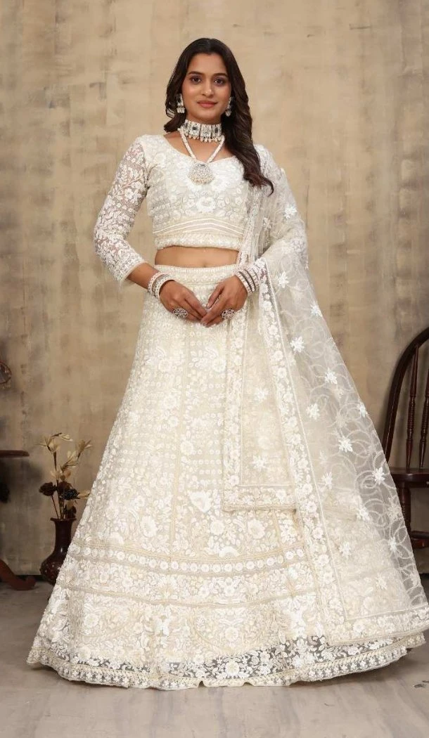Embroidery White Net Party Lehenga Choli - 12243206644