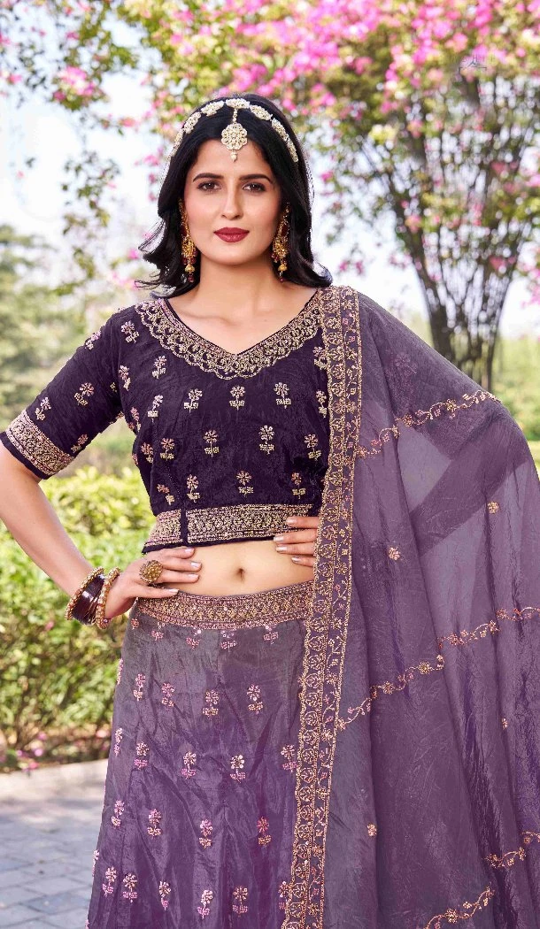 Women Gold Crush Silk Embroidery Work Party Lehenga Choli Wine - 12267206761