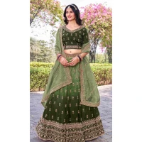 Women Embroidery Work Mehendi Green Gold Crush Silk Party Lehenga Choli - 12267206762