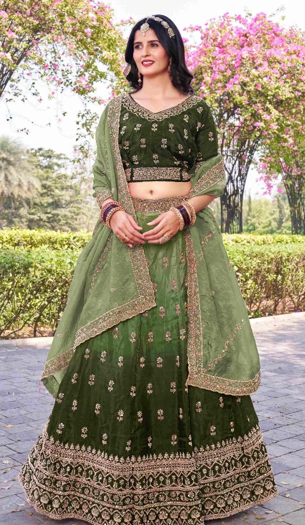 Women Embroidery Work Mehendi Green Gold Crush Silk Party Lehenga Choli - 12267206762