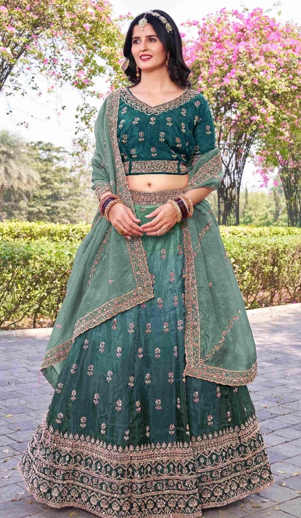 Women Embroidery Work Party Lehenga Choli Teal Blue Gold Crush Silk - 12267206763