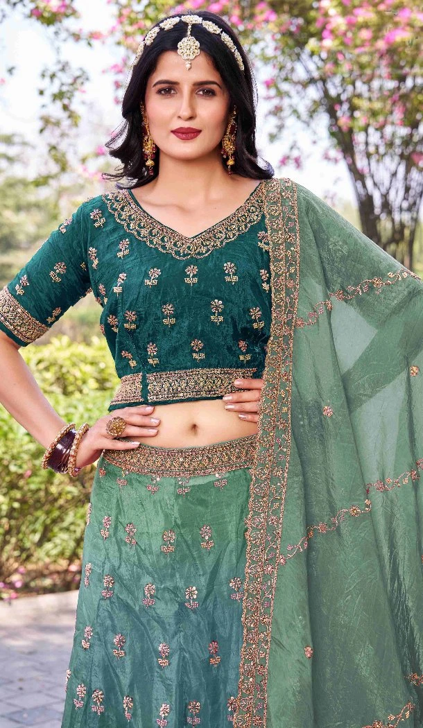 Women Embroidery Work Party Lehenga Choli Teal Blue Gold Crush Silk - 12267206763