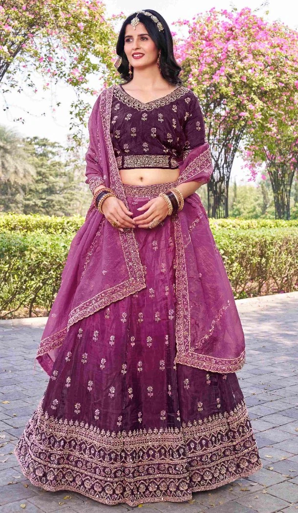 Women Party Lehenga Choli WIne Embroidery Work Gold Crush Silk - 12267206764
