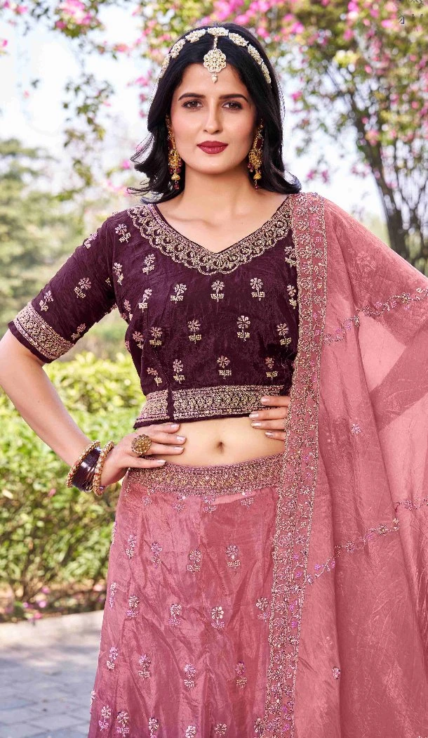 Women Party Lehenga Choli Embroidery Work Gold Crush Silk WIne - 12267206765