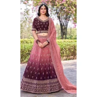 Women Party Lehenga Choli Embroidery Work Gold Crush Silk WIne - 12267206765