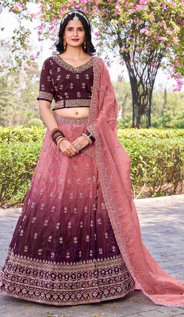 Women Party Lehenga Choli Embroidery Work Gold Crush Silk WIne - 12267206765