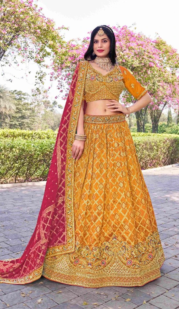 Women Party Lehenga Choli Banarasi Silk Zarkan Mustard - 12268206766