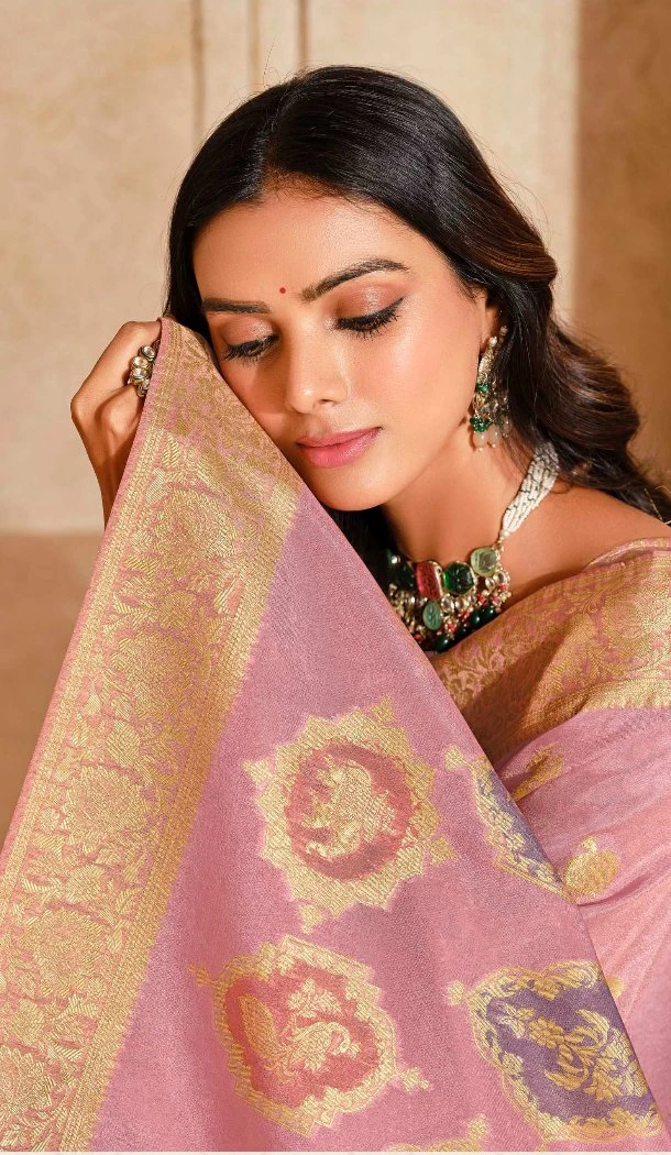 Women Pink Zari Saree Silk - 12286206893
