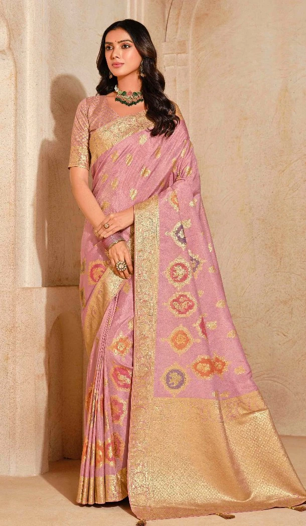 Women Pink Zari Saree Silk - 12286206893