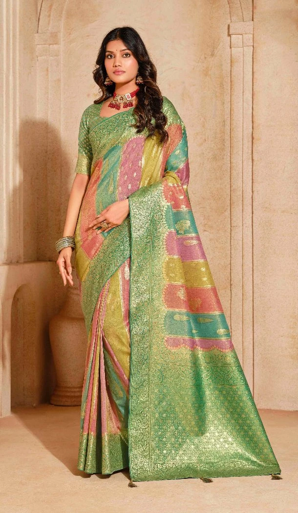 Women Silk Green Zari Saree - 12286206895