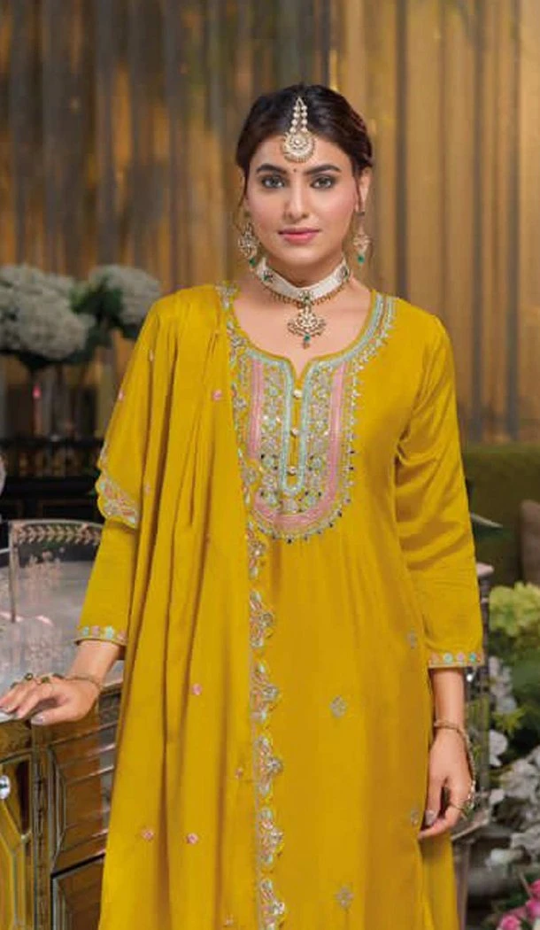 Women Prettified with Embroidery work Party Wear Salwar Suit Chinon Yellow - 12297206959