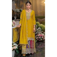 Women Prettified with Embroidery work Party Wear Salwar Suit Chinon Yellow - 12297206959