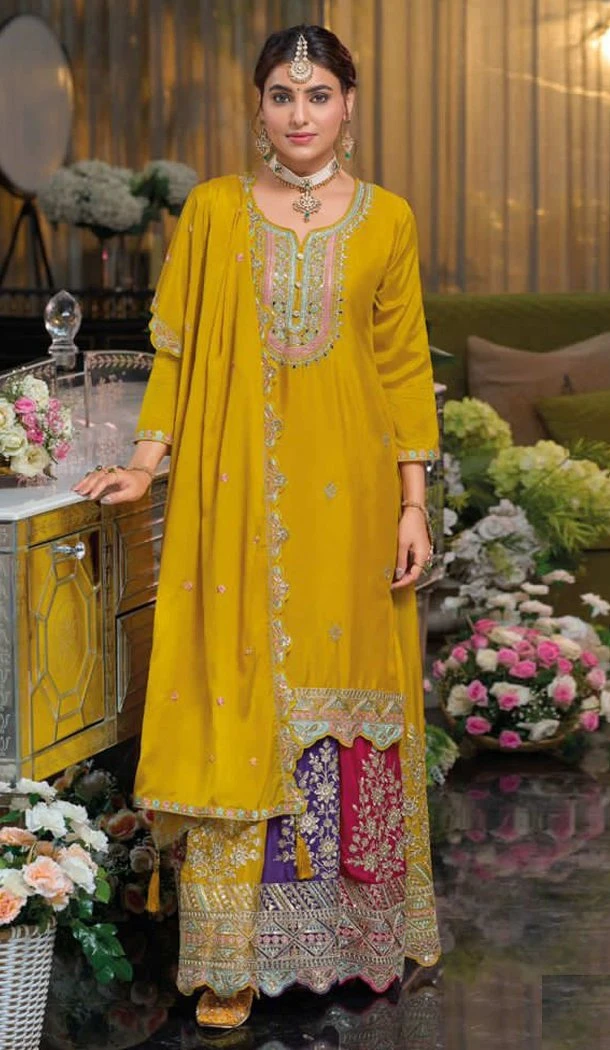 Women Prettified with Embroidery work Party Wear Salwar Suit Chinon Yellow - 12297206959