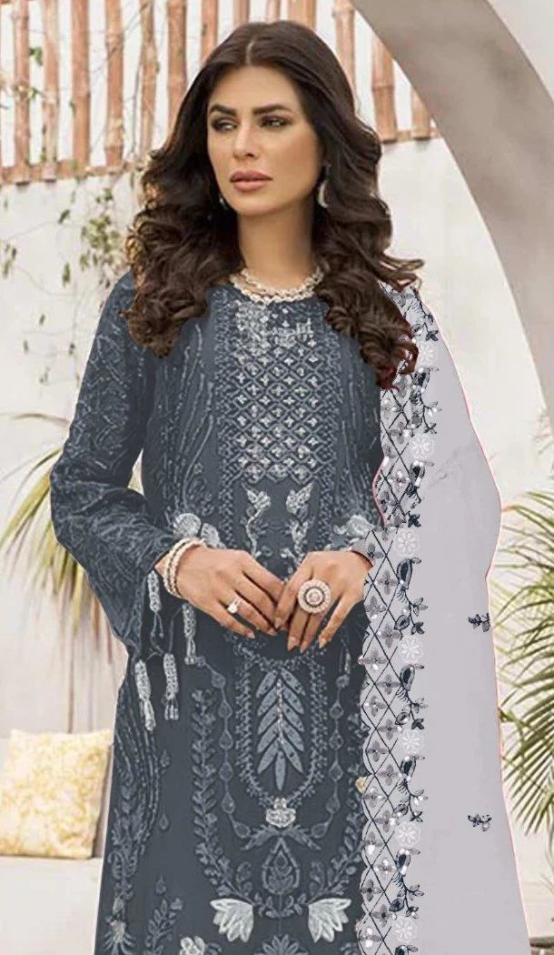 Women Party Wear Salwar Suit Embroidery Work Grey Faux Georgette - 12366207297