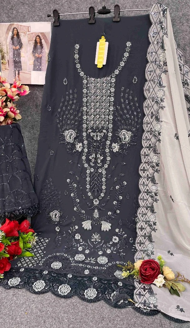 Women Party Wear Salwar Suit Embroidery Work Grey Faux Georgette - 12366207297