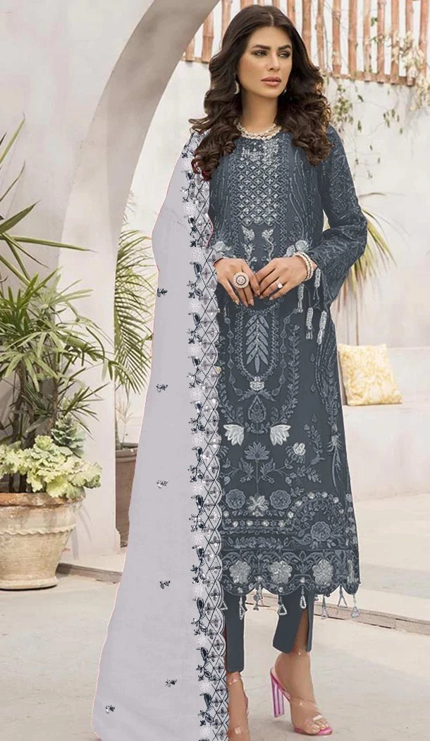 Women Party Wear Salwar Suit Embroidery Work Grey Faux Georgette - 12366207297