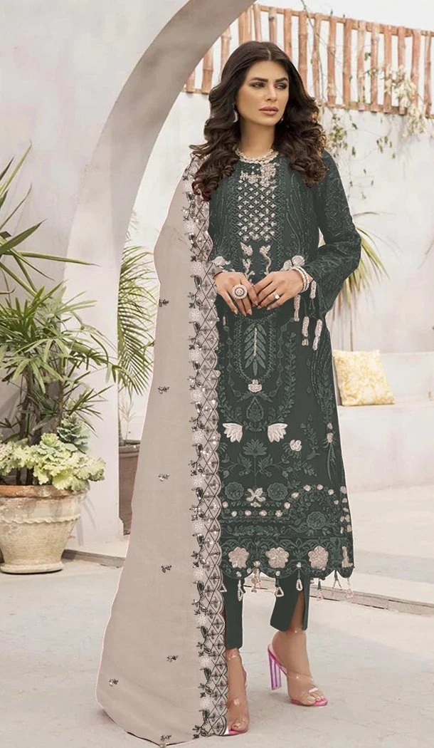 Women Dark Grey Embroidery Work Faux Georgette Party Wear Salwar Suit - 12366207299