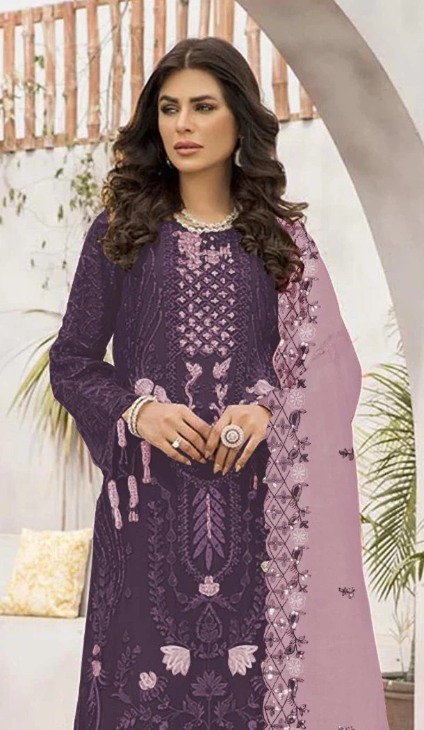 Women Embroidery Work Faux Georgette Purple Party Wear Salwar Suit - 12366207300