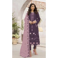 Women Embroidery Work Faux Georgette Purple Party Wear Salwar Suit - 12366207300