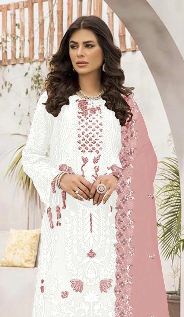 Women White Party Wear Salwar Suit Embroidery Work Faux Georgette - 12366207301