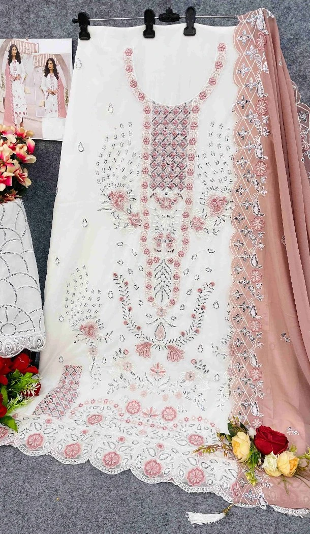 Women White Party Wear Salwar Suit Embroidery Work Faux Georgette - 12366207301