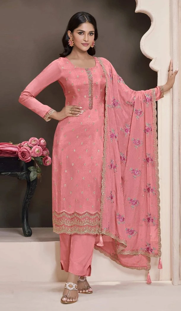 Women Party Wear Salwar Suit Pink Sequence Work Silk - 12369207313