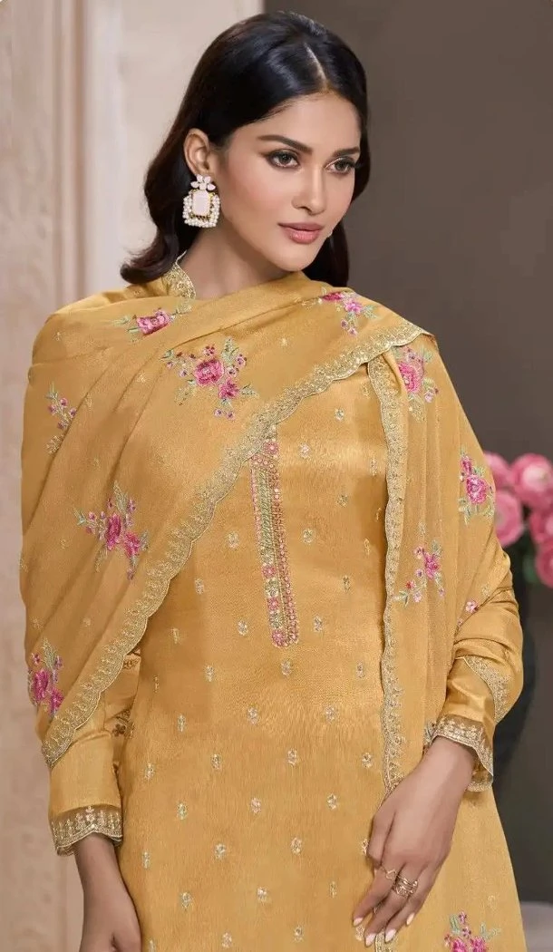 Women Silk Sequence Work Yellow Party Wear Salwar Suit - 12369207314