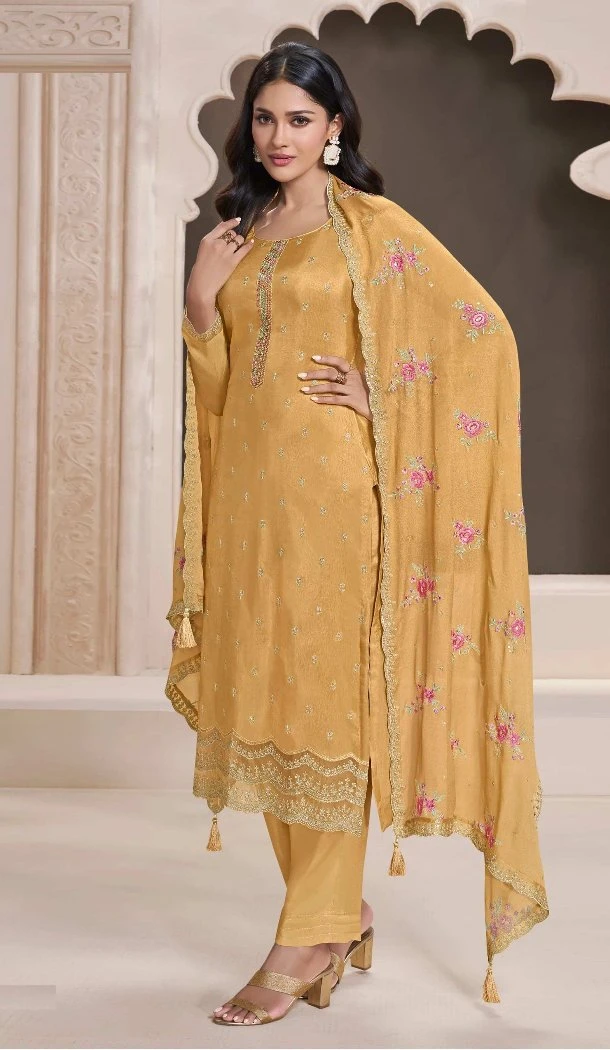 Women Silk Sequence Work Yellow Party Wear Salwar Suit - 12369207314