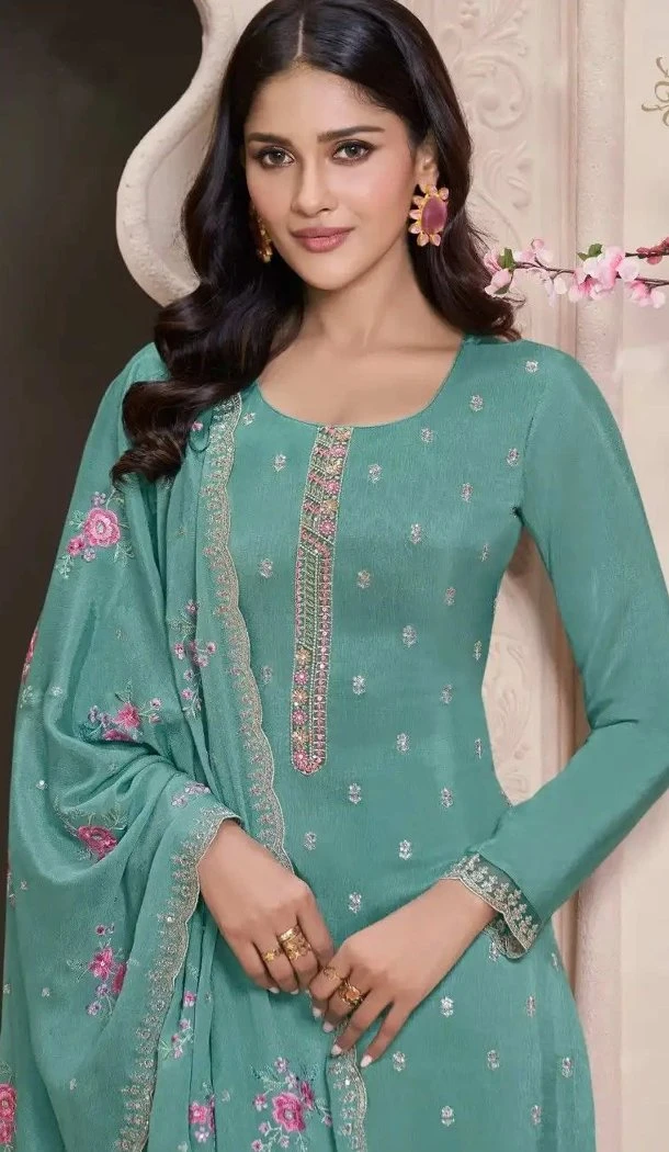 Women Sky Blue Party Wear Salwar Suit Silk Sequence Work - 12369207315