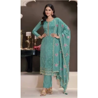 Women Sky Blue Party Wear Salwar Suit Silk Sequence Work - 12369207315