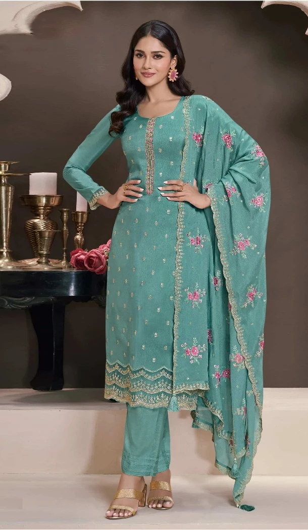Women Sky Blue Party Wear Salwar Suit Silk Sequence Work - 12369207315