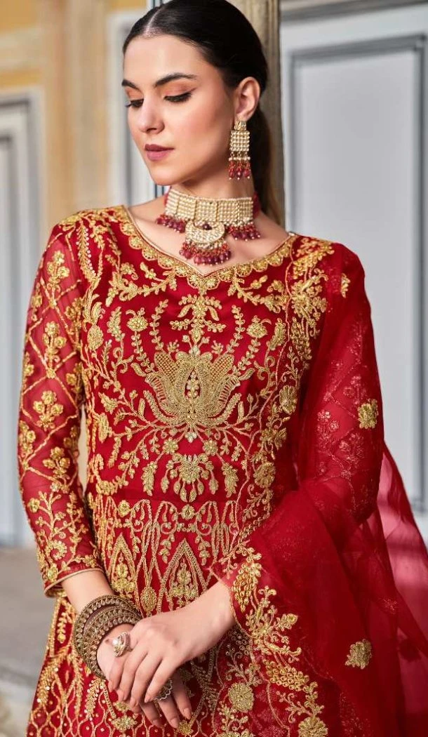 Women Red Anarkali Suit Heavy Coding  Work Pure Butterfly Net - 12438207669