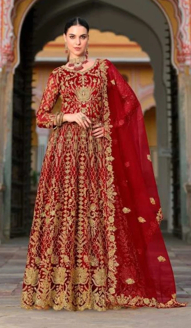 Women Red Anarkali Suit Heavy Coding  Work Pure Butterfly Net - 12438207669