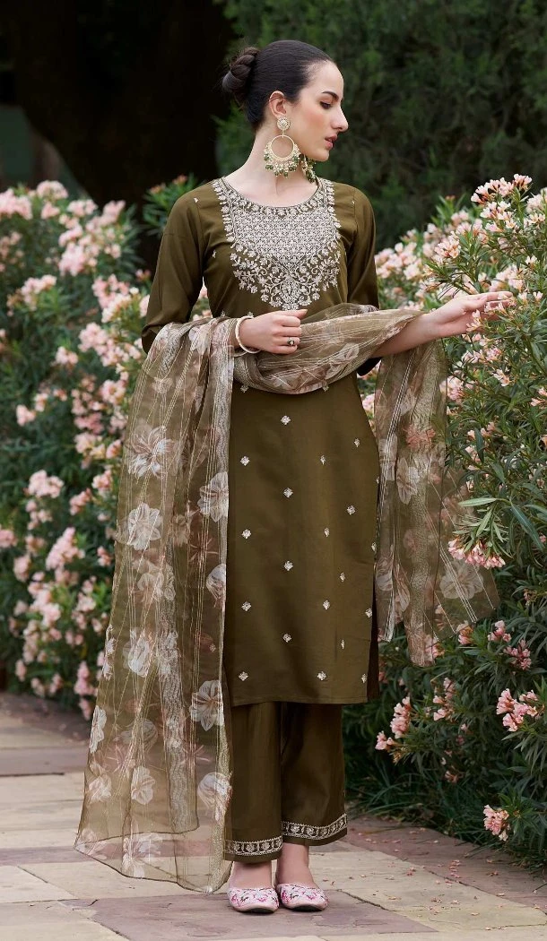 Women Viscose Rayon Party Wear Salwar Suit Embroidery Mehendi Green - 12486207901