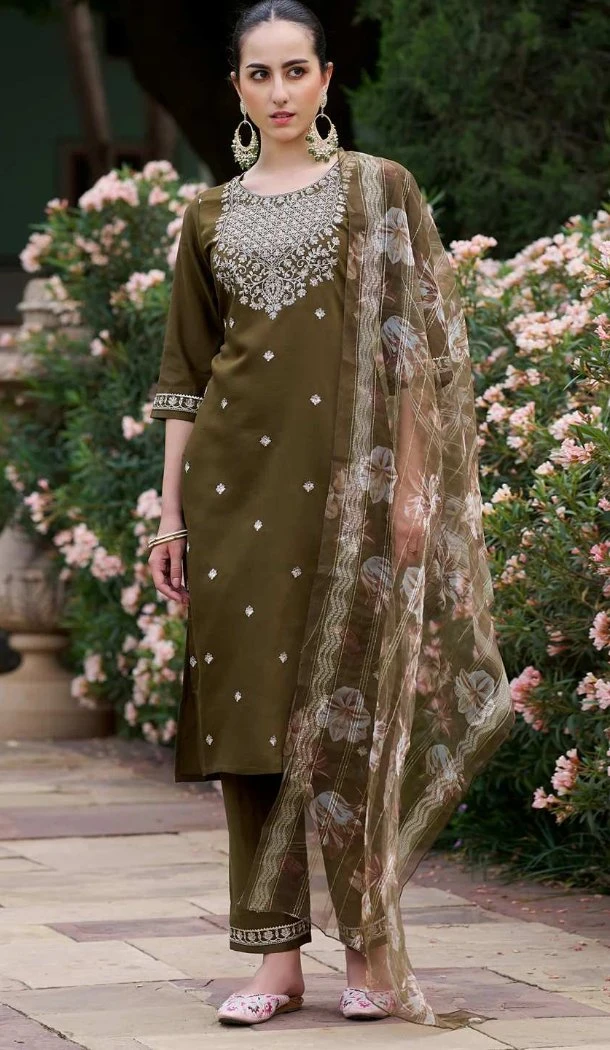 Women Viscose Rayon Party Wear Salwar Suit Embroidery Mehendi Green - 12486207901