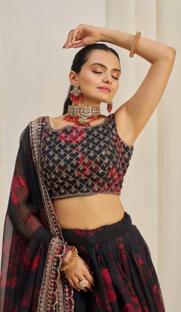 Women Black Organza Floral Printed Lehenga Choli - 12488207907