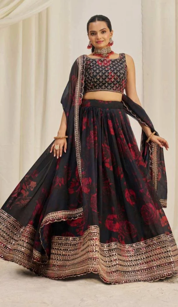 Women Black Organza Floral Printed Lehenga Choli - 12488207907