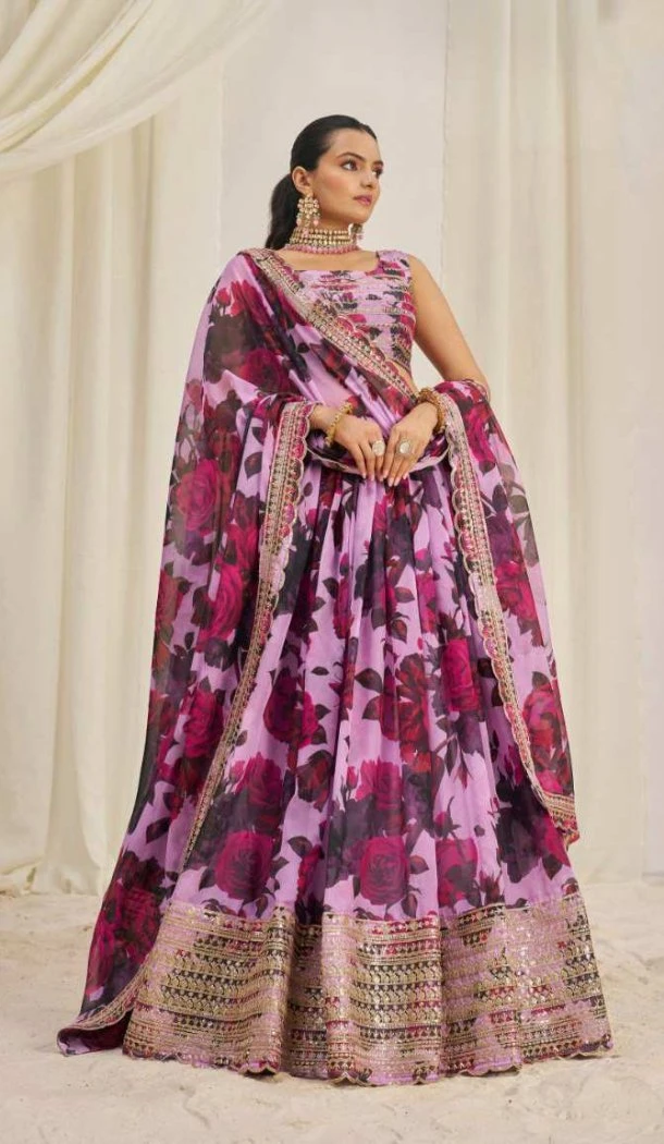 Women Floral Printed Organza Sequins Party Lehenga Choli - 12488207908
