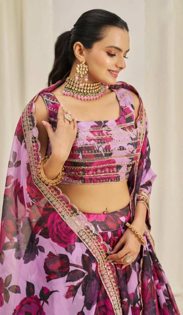 Women Floral Printed Organza Sequins Party Lehenga Choli - 12488207908