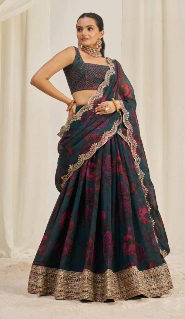 Women Floral Printed Zari Organza Party Lehenga Choli - 12488207909