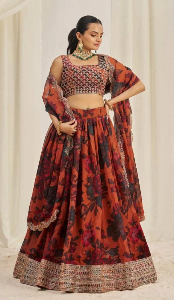 Women Sequins Dori Zari Organza Lehenga Choli - 12488207910