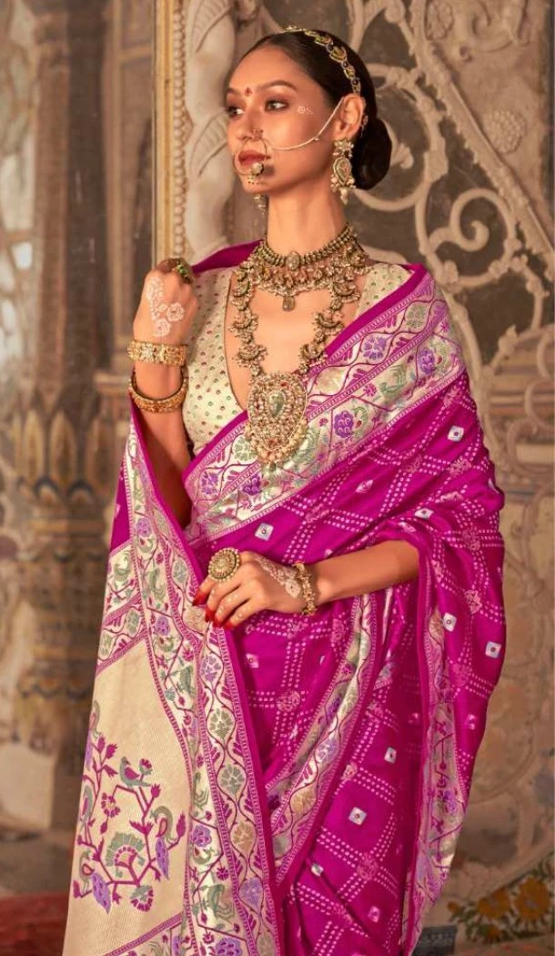 Women Pink Purple Saree Silk Embroidery - 12522208087