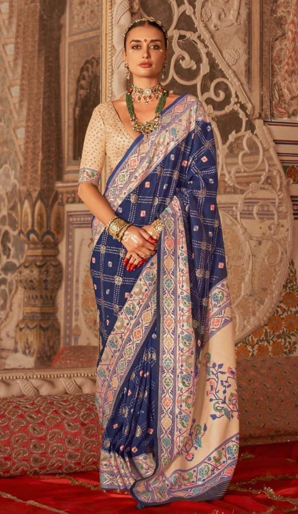 Women Saree Embroidery Silk Navy Blue - 12522208088