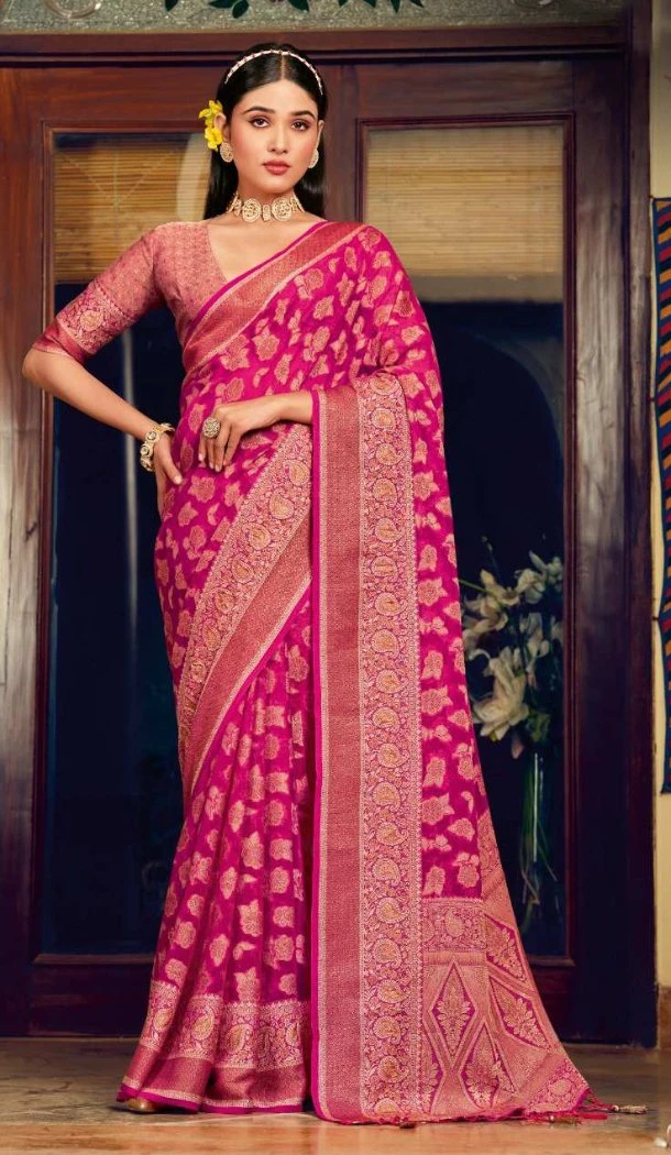 Women Georgette Saree Pink Jacquard Work - 12523208090