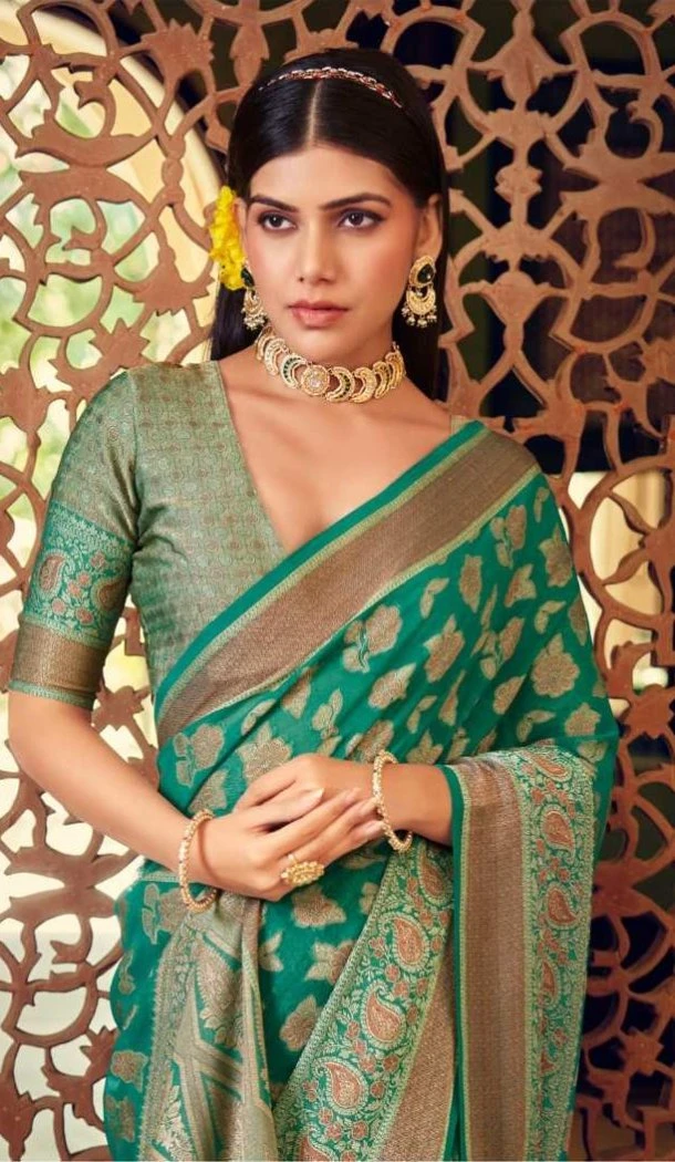 Women Jacquard Work Rama Green Georgette Saree - 12523208091