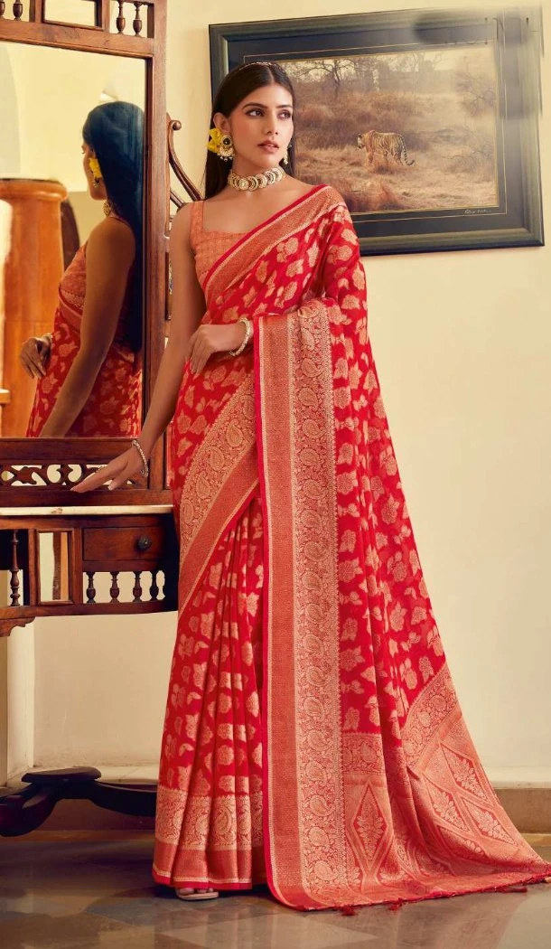 Women Jacquard Work Georgette Saree Red - 12523208092