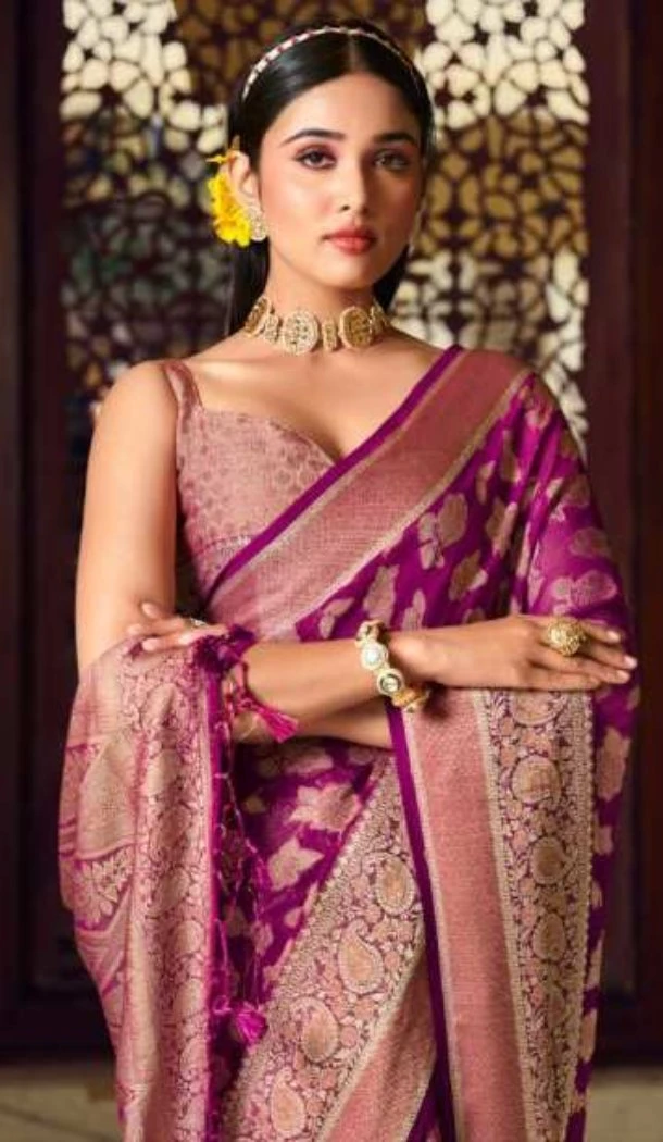 Women Jacquard Work Georgette Saree Purple - 12523208094